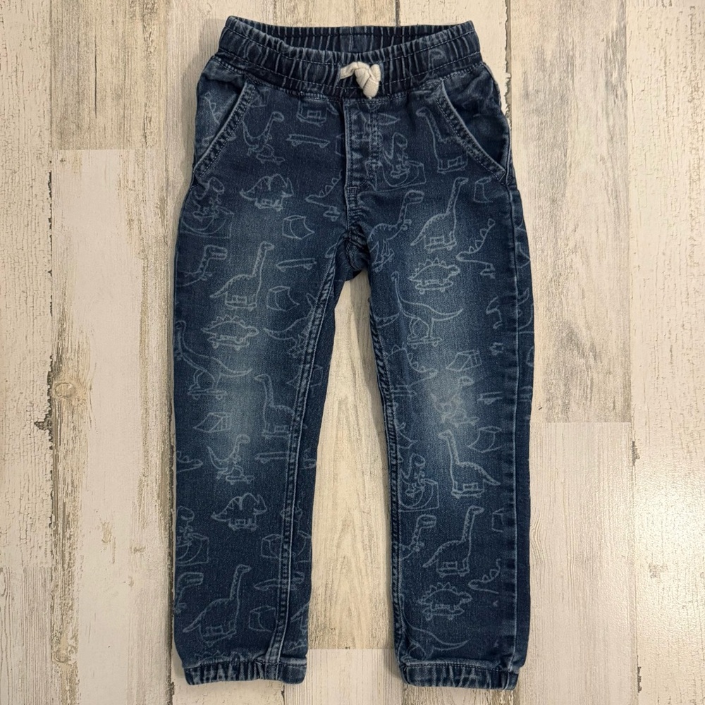 GAP Kids Boys Distressed Dark Blue Dino Print Jeans with Functional Drawstring